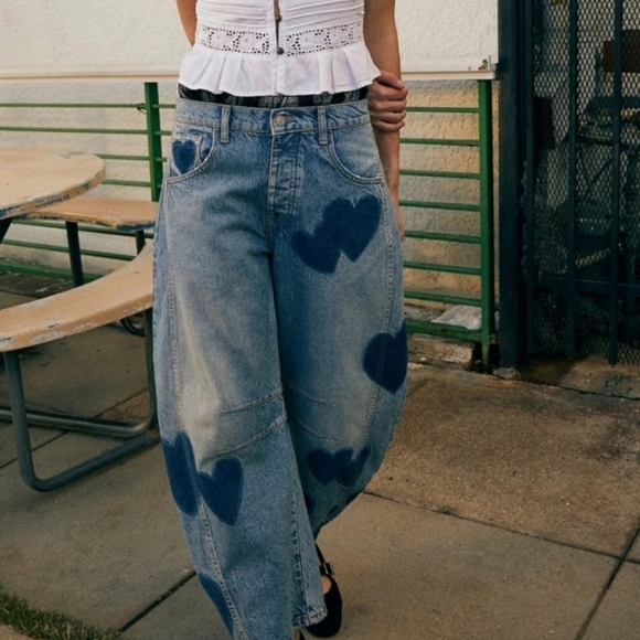 Pants - Blue Heart Patterned Women's Jeans